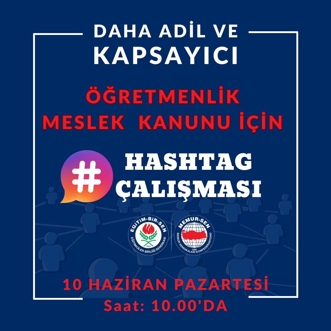 Öğretmenlik Meslek Kanunu daha adil ve kapsayıcı hale getirilsin taleplerimizi X ve Instagram’da 10 Haziran Pazartesi saat 10.00’da yapacağımız etiket çalışması ile kamuoyuna ve ilgililere bir kez daha duyuracağız.