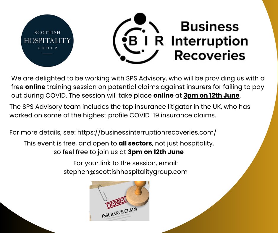 scothospgroup's tweet photo. We are holding a free online event in collaboration with Business Interruption Recoveries on 12th June at 3pm.
This event is open to all sectors, not just hospitality
For a link to the event, please DM us with your email address
#covidinsurance #businessinteruption #SHG https://t.co/eNWrqtocGp