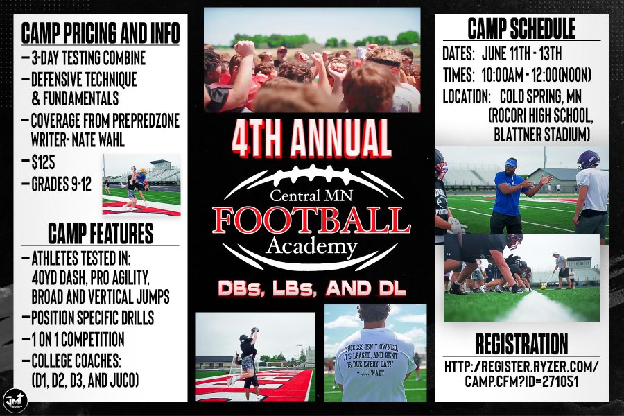 Central Minnesota Football Academy (@centralminneso3) on Twitter photo A combine camp specific to DEFENSE!! Want specific coaching on the defensive side of the ball instead of being 1 of 800 at a mega camp? Registration still open @ Walk ups accepted #DefenseWinsChampionships <a href="/CoachBakk/">Coach Bakken</a> <a href="/KCBakk31/">Kyle Bakken</a> <a href="/Coach_Cooper4/">Keanon Cooper</a> <a href="/SJUDefense/">Brandon Novak</a> register.ryzer.com/camp.cfm?ID=27… A combine camp specific to DEFENSE!! Want specific coaching on the defensive side of the ball instead of being 1 of 800 at a mega camp? Registration still open @ Walk ups accepted #DefenseWinsChampionships <a href="/CoachBakk/">Coach Bakken</a> <a href="/KCBakk31/">Kyle Bakken</a> <a href="/Coach_Cooper4/">Keanon Cooper</a> <a href="/SJUDefense/">Brandon Novak</a> register.ryzer.com/camp.cfm?ID=27…