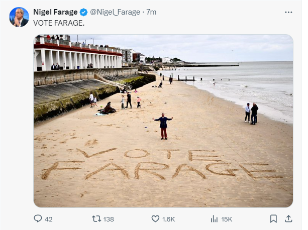 Quincun36705461's tweet photo. @Nigel_Farage Shouldn't that read "VOTE #REFORM"? Or this is still all about you Nigel?
You have a chance to do something good for the nation. Use it wisely in the national interest. https://t.co/RA15M8lYvY