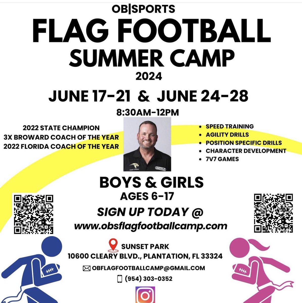 Flag football camp opportunity for boys and girls ages 6-17. Sunset Park in Plantation.