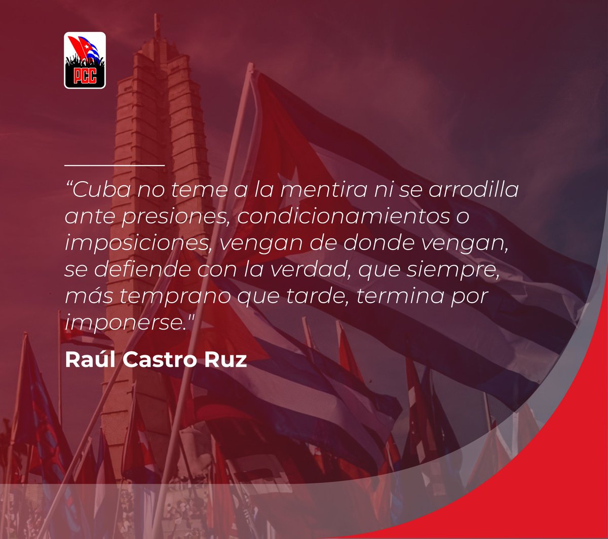 PartidoPCC's tweet photo. Revolución (...)es emanciparnos por nosotros mismos y con nuestros propios esfuerzos; es desafiar poderosas fuerzas dominantes dentro y fuera del ámbito social y nacional; es defender valores en los que se cree al precio de cualquier sacrificio.

#Cuba https://t.co/GMv04r3rRR