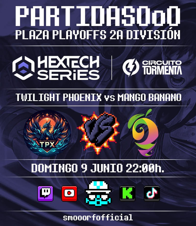 PartidasOoO esta noche entre Twilight Phoenix vs Mango Banano donde ambos equipos se juegan el pase a los playoffs de 2a División, pásate para apoyar a tu equipo favorito en la Hextech más salvaje! @MangoMaracuyaEC