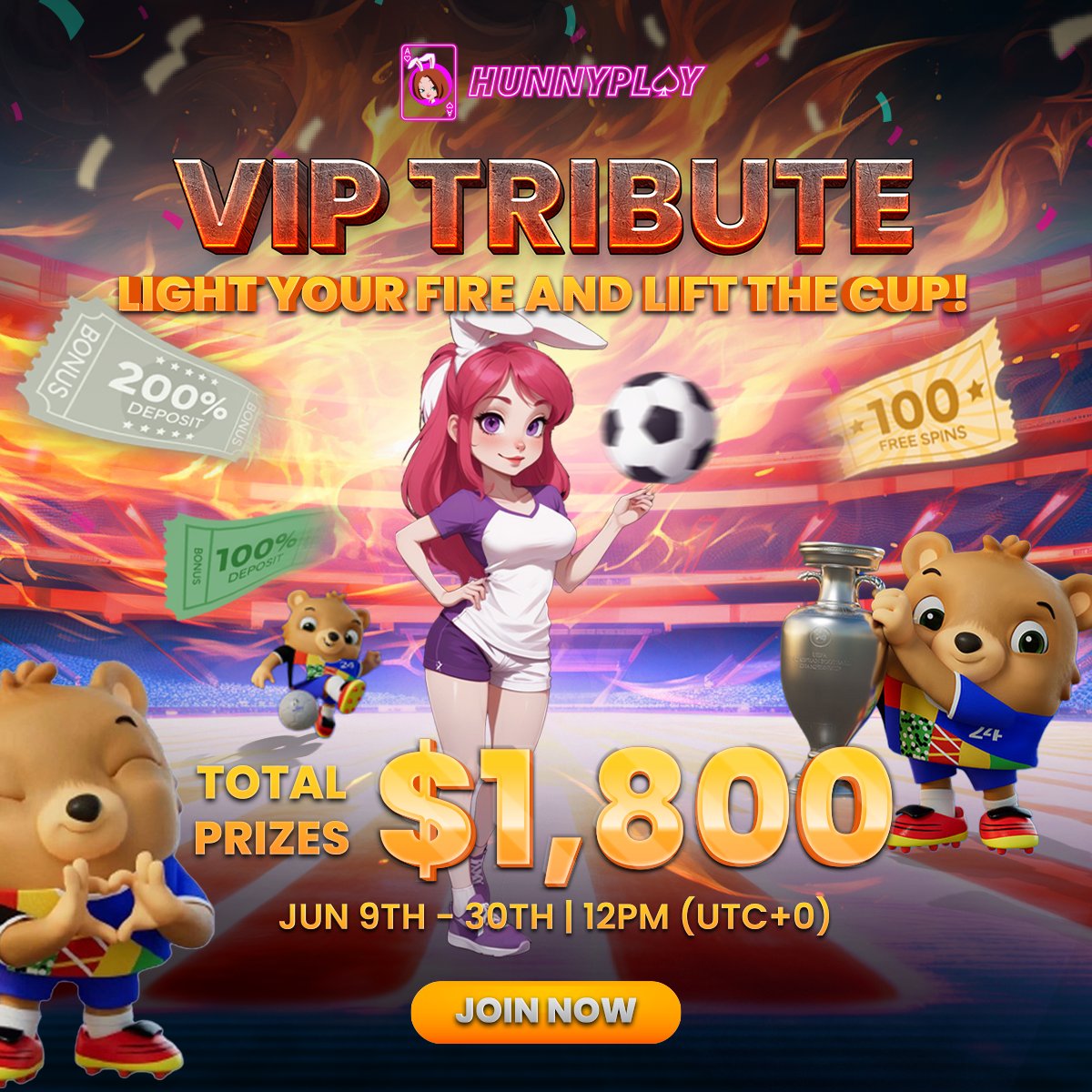 HunnyPlay_'s tweet photo. Gear Up, VIP Strikers! ⚽️
️🎉Dominate the pitch and score a massive $1,800 grand prize
🔥Collect 8 fireballs to unlock the Champion's Cup!
👟Kick off the action now: https://t.co/Poglb5pr0j 

Tap ♥️ and heat up your wins!

#HunnyPlay #VIPTribute https://t.co/TfglrnyVnV