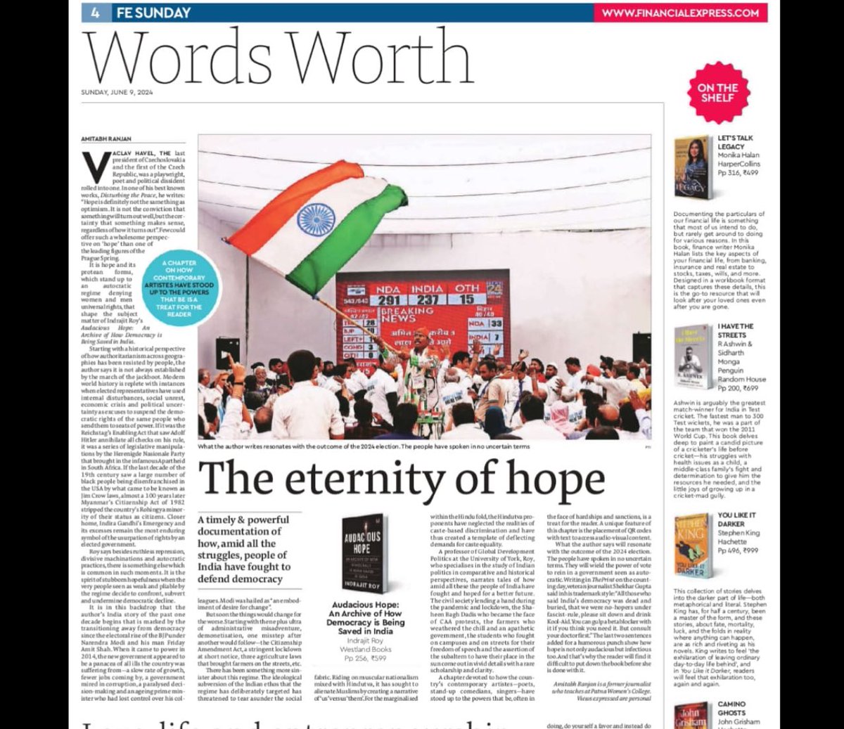 IndrajitRoyYork's tweet photo. Thanks @FinancialXpress for carrying this excellent review of my @WestlandBooks #AudaciousHope. Glad to see that it resonates with hopes in the wake of #LokSabhaElections2024.
@IndianExpress @karthikavk @UniOfYork @uniyorkpolitics https://t.co/vAqbbH7x5H