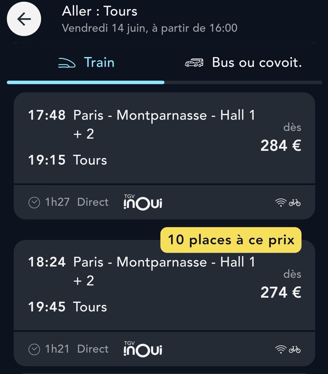 TGVTOURSPARIS's tweet photo. Pardon, en TGV TOURS PARIS, pour 4 personnes avec des cartes de réduction : 480 euros en seconde pour le week-end prochain!

En voiture : 120 euros avec les péages, soit 4 fois moins! https://t.co/6RLE8lW77r
