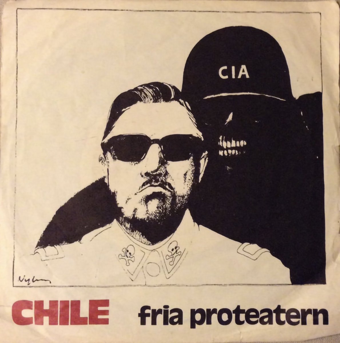 propagandopolis's tweet image. Swedish illustration (1974) showing a deathly CIA agent lurking behind Augusto Pinochet.