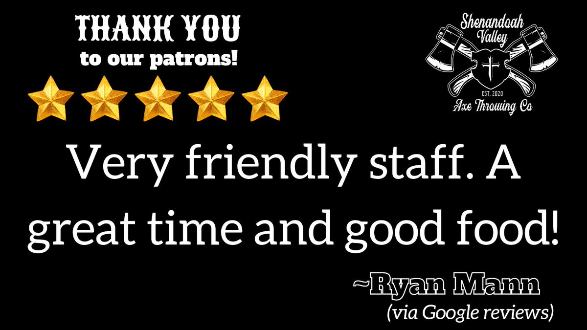 SVAXECO's tweet photo. Thank you to our patrons! We really appreciate you taking the time to write a thoughtful review. Here's what some of our customers are saying!
#discoverfrontroyal #axethrowing #shenandoahaxethrowingco #SVAXECO #fivestarreview #veryfriendlystaff #greattime #goodfood https://t.co/1M1CP5yRPU