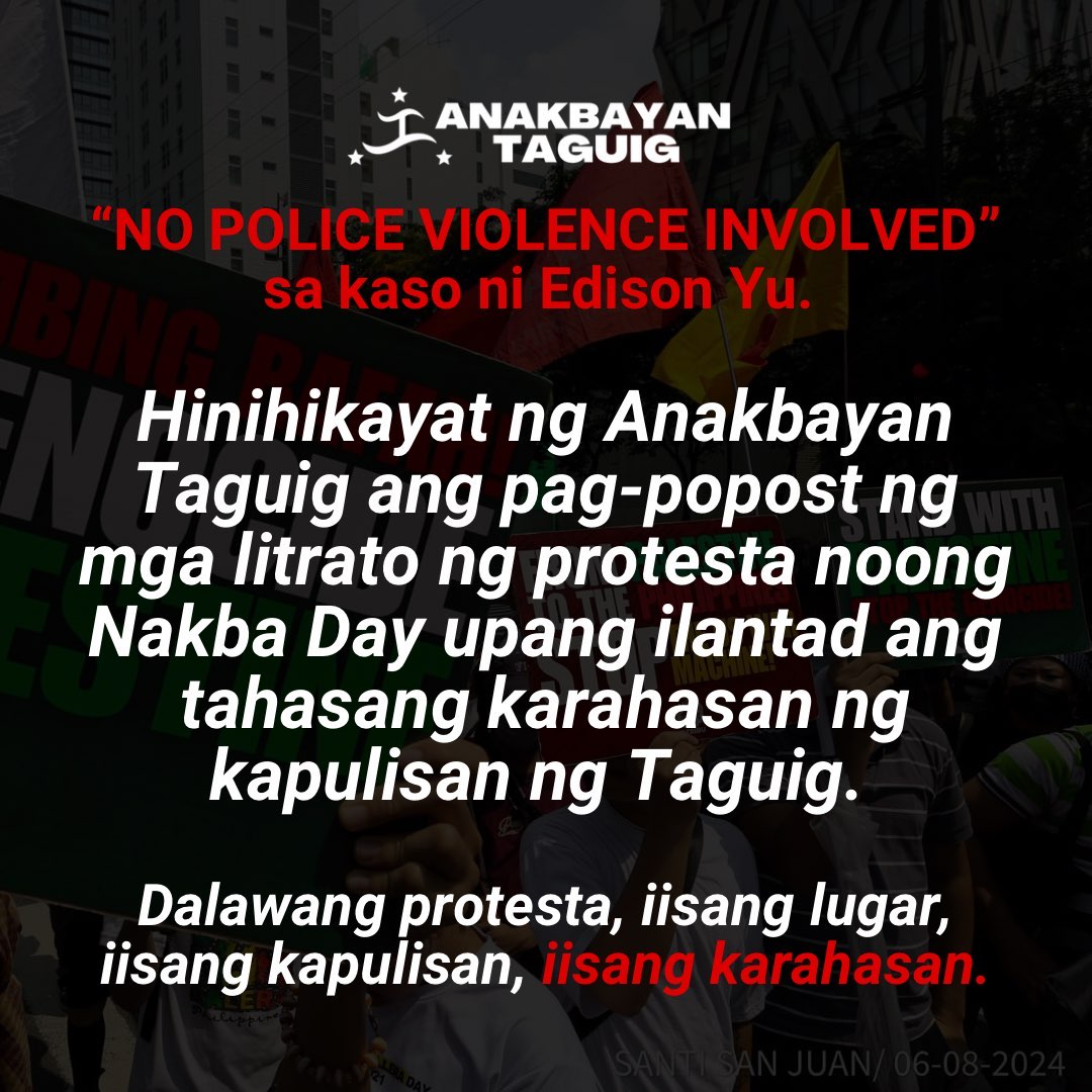 We call to Taguig PNP and to Acting Chief of Police PCol. Christopher Olazo to stop the spread of misinformation that there is no "Police Violence". Serve and Protect the Filipino People not the Zionist Israel and it's allies.

#FreeEdisonYu
#FreePalestine