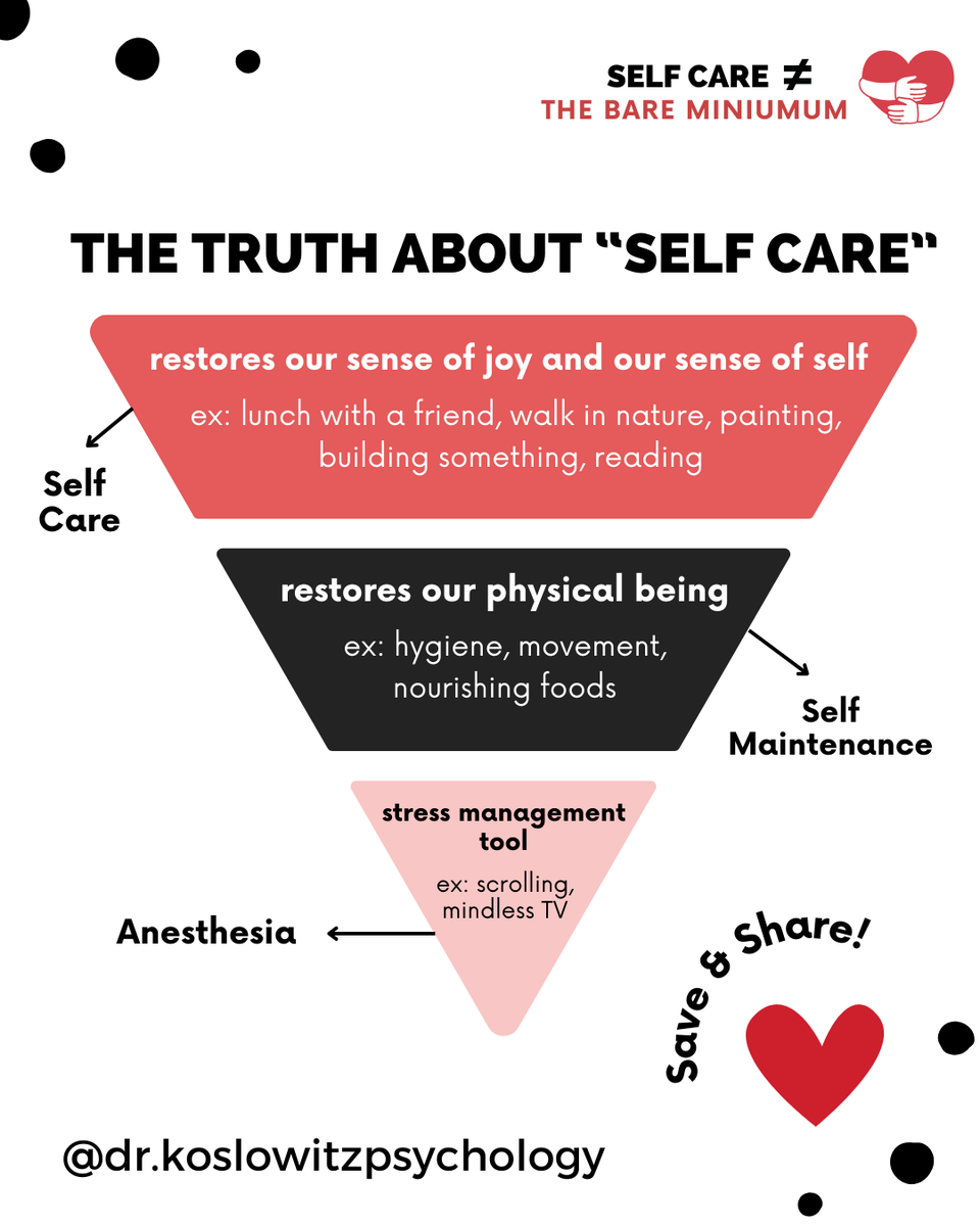 DrKoslowitz's tweet photo. We need all 3 in different doses:
❤️‍🩹Self-care needs vary but you should make time for it at least weekly
❤️‍🩹Self-maintenance is needed daily &amp; in many forms 
❤️‍🩹Anesthesia may be needed for 15 minutes to transition from a stressful situation to a more restful and joyful one https://t.co/WLj7ooQNs6