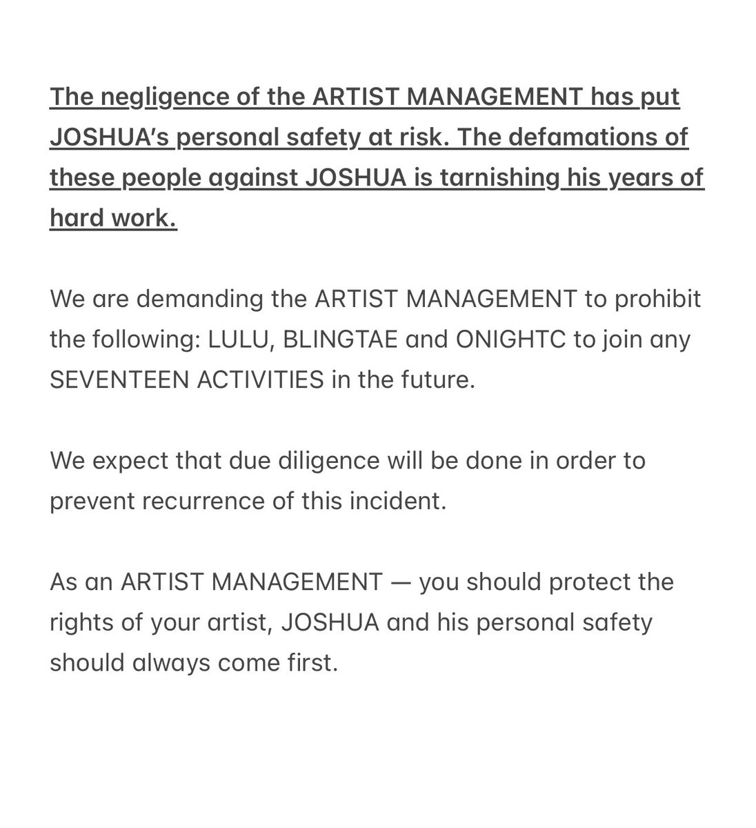 shuaprotect's tweet image. NOTICE.

We have prepared a template that includes request of banning the ff accounts: LULU, BLINGTAE &amp;amp; ONIGHTC to any SEVENTEEN activities.

You may use this alongside with other individual templates. 

ENG: bit.ly/3x7vpKC
KR: bit.ly/4aXiFnD

@pledis17_STAFF