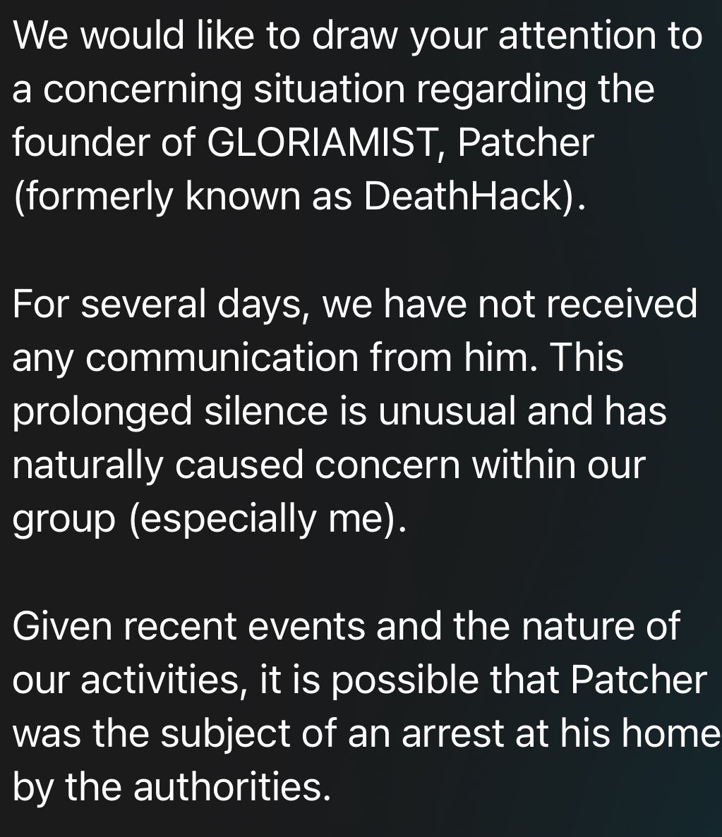 ransomfeednews's tweet photo. #Lapsus criminal group announced their retirement via their telegram channel. Sparked and ZZART3XX stated they have requested the deactivation of their X account and they will no longer be active - wishing for themselves an ethical hacker career.
Meanwhile #Gloriamist group admin (yep, Sparked, again) posted about their concerns about Patcher status.
Seems like Patcher has been inactive for a prolonged amount of time, this led the adminship to think about a possible arrest.
A nice trail of coincidences after the FBI took down the #lockbot3 channel, innit?
