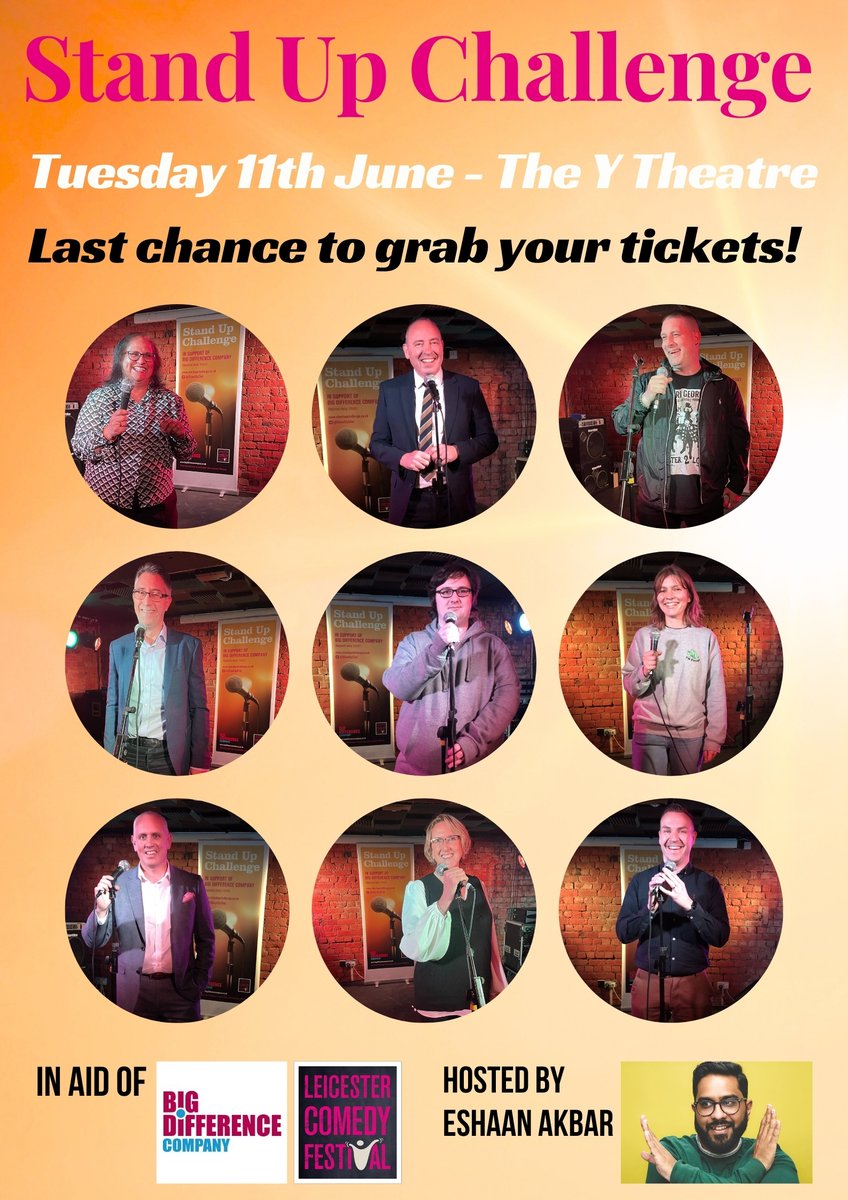 Stand Up Challenge 2024 (@standupchal) on Twitter photo In 48 hrs our participants will be <a href="/TheYTheatre/">The Y Theatre</a> preparing to perform their first ever 5 mins of stand up comedy as part of <a href="/StandUpChal/">Stand Up Challenge 2024</a>. In aid of @BigDiffco & <a href="/LeicsComedyFest/">Leicester Comedy Festival</a>!
We can't wait to see you! Thank you!🧡
With host <a href="/eshaanakbar/">Eshaan Akbar</a>
Last tickets: thebigdifference.co.uk/events/leicest… In 48 hrs our participants will be <a href="/TheYTheatre/">The Y Theatre</a> preparing to perform their first ever 5 mins of stand up comedy as part of <a href="/StandUpChal/">Stand Up Challenge 2024</a>. In aid of @BigDiffco & <a href="/LeicsComedyFest/">Leicester Comedy Festival</a>!
We can't wait to see you! Thank you!🧡
With host <a href="/eshaanakbar/">Eshaan Akbar</a>
Last tickets: thebigdifference.co.uk/events/leicest…