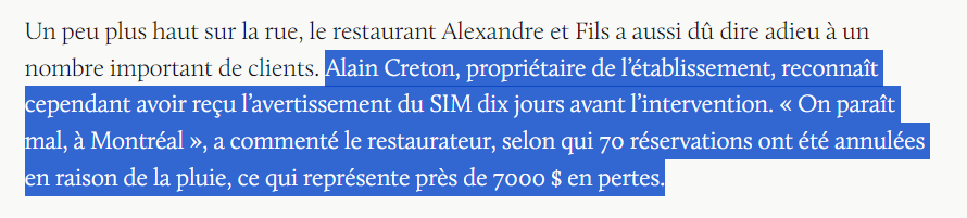 * se fait bâtir une terrasse
* se fait aviser que ce n'est conforme 10 jours avant
* se dit "fuck it, on la fait pareil"
* se fait visiter par les autorités
* se fait dire "ta terrasse n'est pas conforme. On ferme"
* va brailler au média que c'est pas juste, blababla la ville 👌
