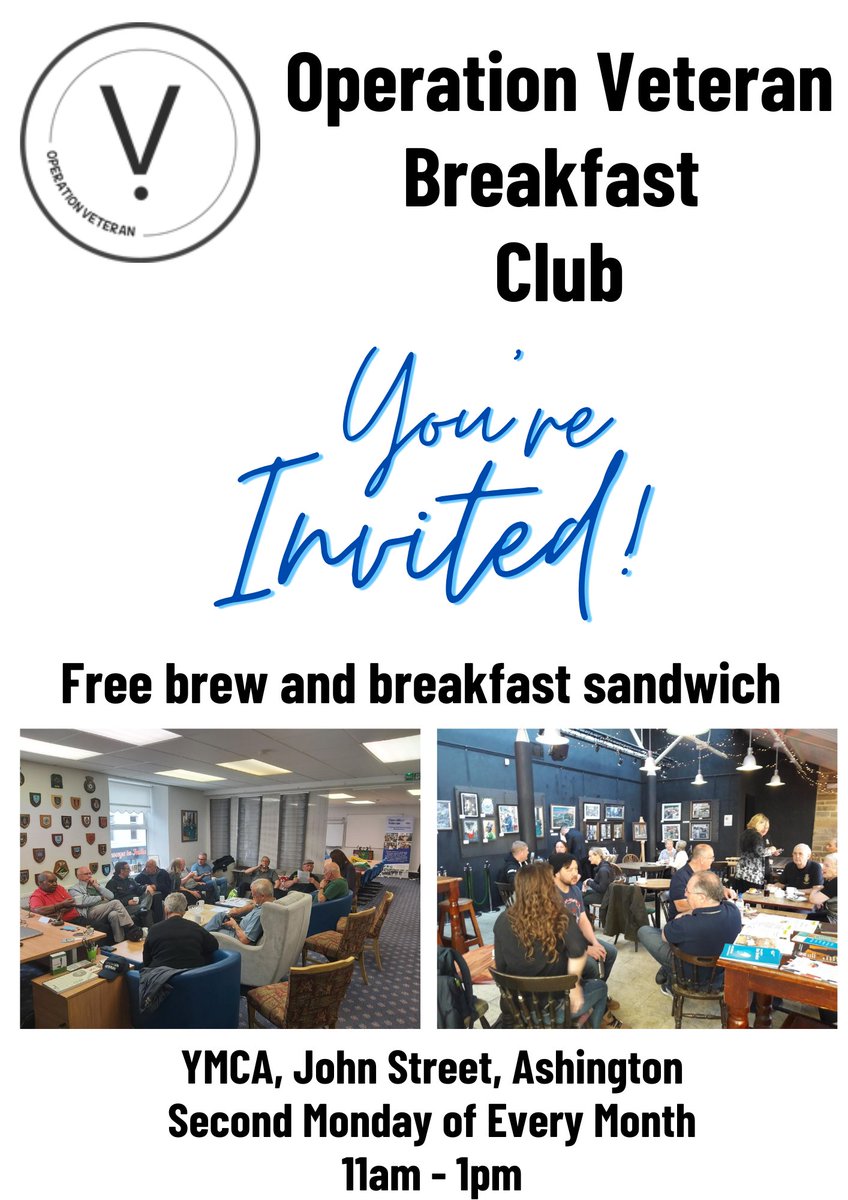 The Operation Veteran Breakfast club at Ashington YMCA will be on tomorrow morning, starting 11.00am. All veterans and their partners are very welcome 🙏 🤗
