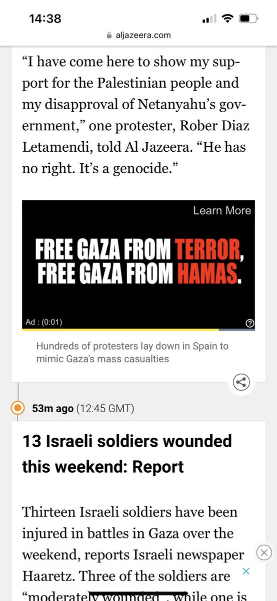 dacrumb's tweet photo. Didn’t quite expect being targeting by a pro-Israeli ad before watching a pro-Palestinian video on @AlJazeera. But in the name of transparency I guess: Spanish protesters lay in solidarity with Gaza https://t.co/MmQ5dSFY7C via @AJEnglish https://t.co/EAevBx4FZV