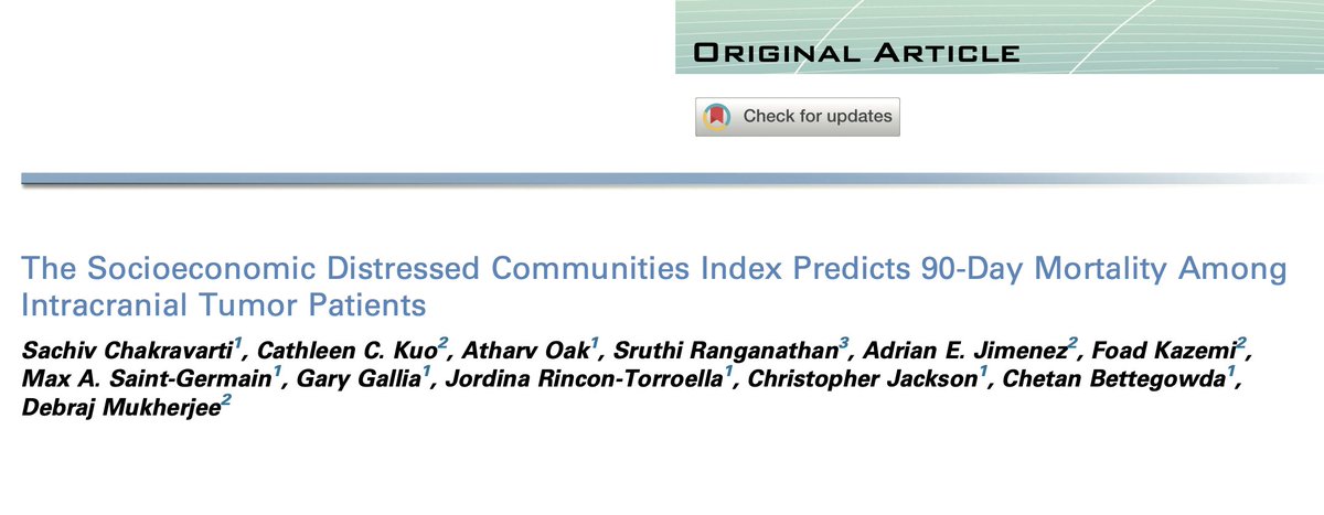NeuroOncSurgery's tweet photo. Check out this recently published paper @WorldNeurosurg by @Sach_Chak+ of a retrospective review of 2,389 patients undergoing surgery for intracranial tumor

They found the distress communities index (DCI) may be a holistic tool for predicting 90-day mortality

Great work! https://t.co/3gTZnKJ8K1