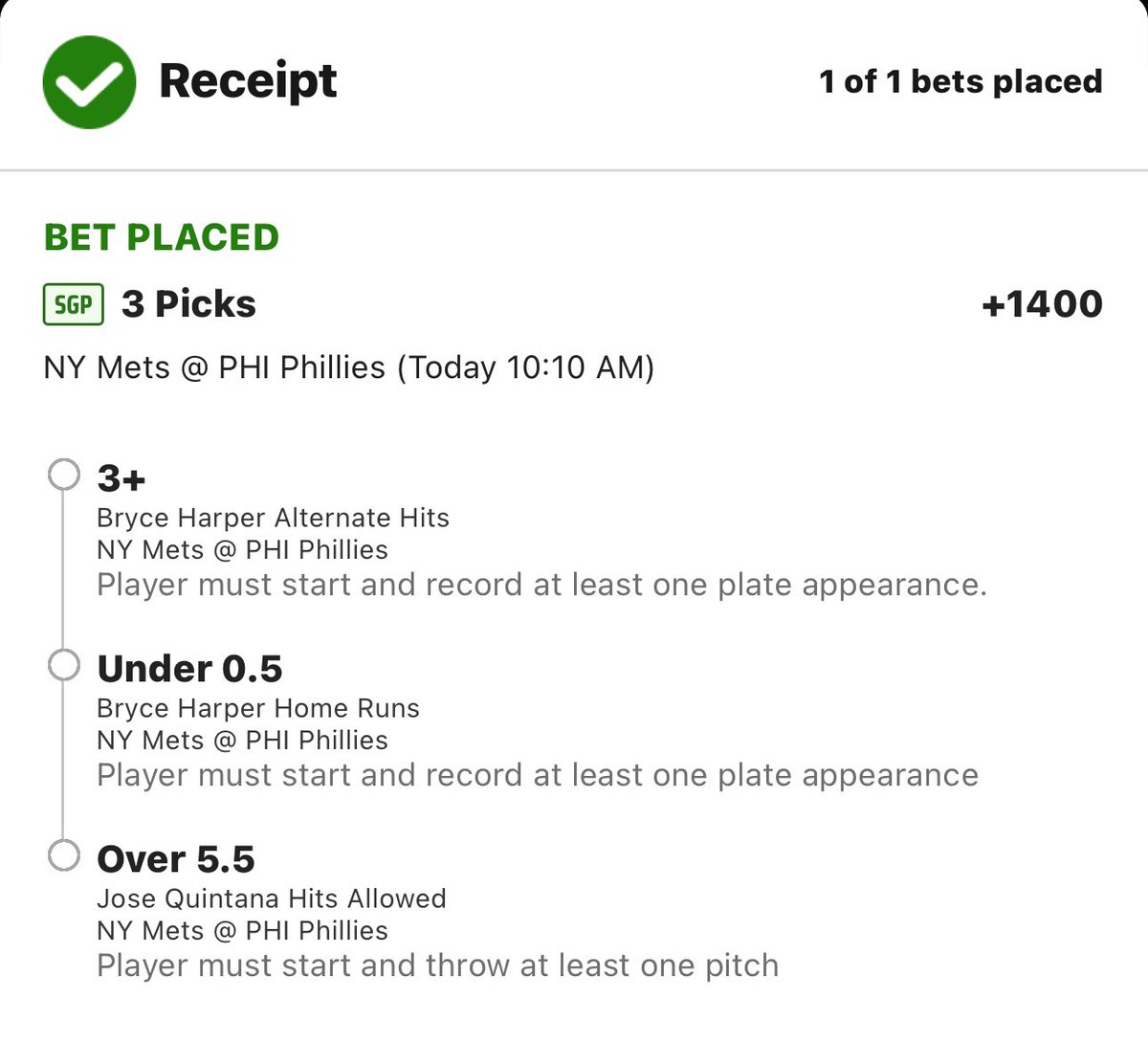 SGPWizard's tweet image. MLB 3 Leg SGP

Mets vs Phillies in 🇬🇧London🇬🇧

Bryce Harper o2.5 hits
Bryce Harper u0.5 HRs
Jose Quintana o5.5 hits allowed

Odds: +1400
Win Rate: 7.43%
EV: 11.45%
Kelly: 0.82%