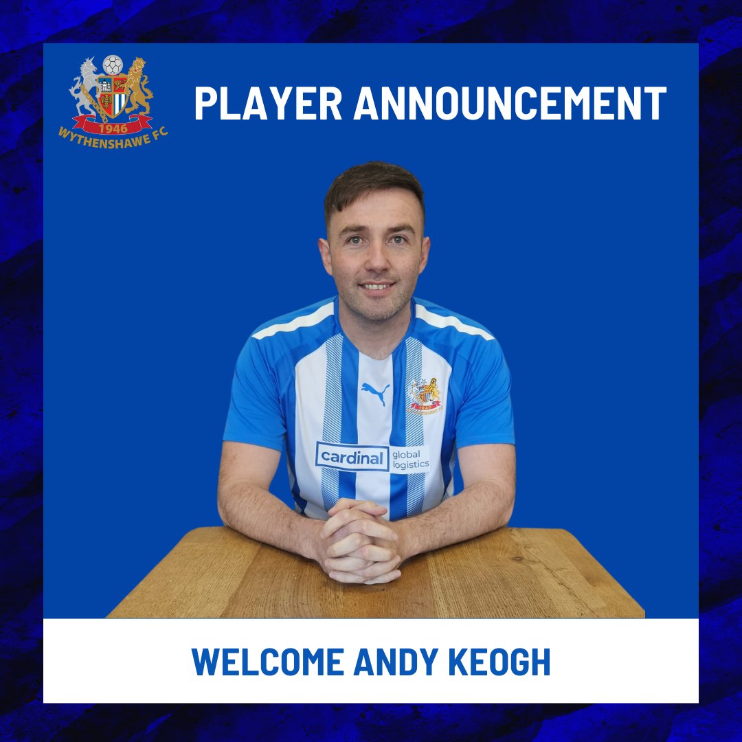 WythenshaweFC's tweet photo. KEOGH IS AN AMMIE!

We are delighted to announce the signing of Andy Keogh following his departure from Mossley AFC 👋

The versatile player becomes Shane Goldrick's first signing ahead of our NPL debut ⚽

Read more on Andy's arrival: https://t.co/af6iWDMTdM

#UpTheAmmies 🔵⚪ https://t.co/PrJuJO1i4x