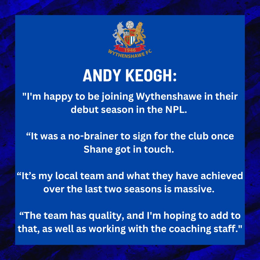 WythenshaweFC's tweet photo. KEOGH IS AN AMMIE!

We are delighted to announce the signing of Andy Keogh following his departure from Mossley AFC 👋

The versatile player becomes Shane Goldrick's first signing ahead of our NPL debut ⚽

Read more on Andy's arrival: https://t.co/af6iWDMTdM

#UpTheAmmies 🔵⚪ https://t.co/PrJuJO1i4x