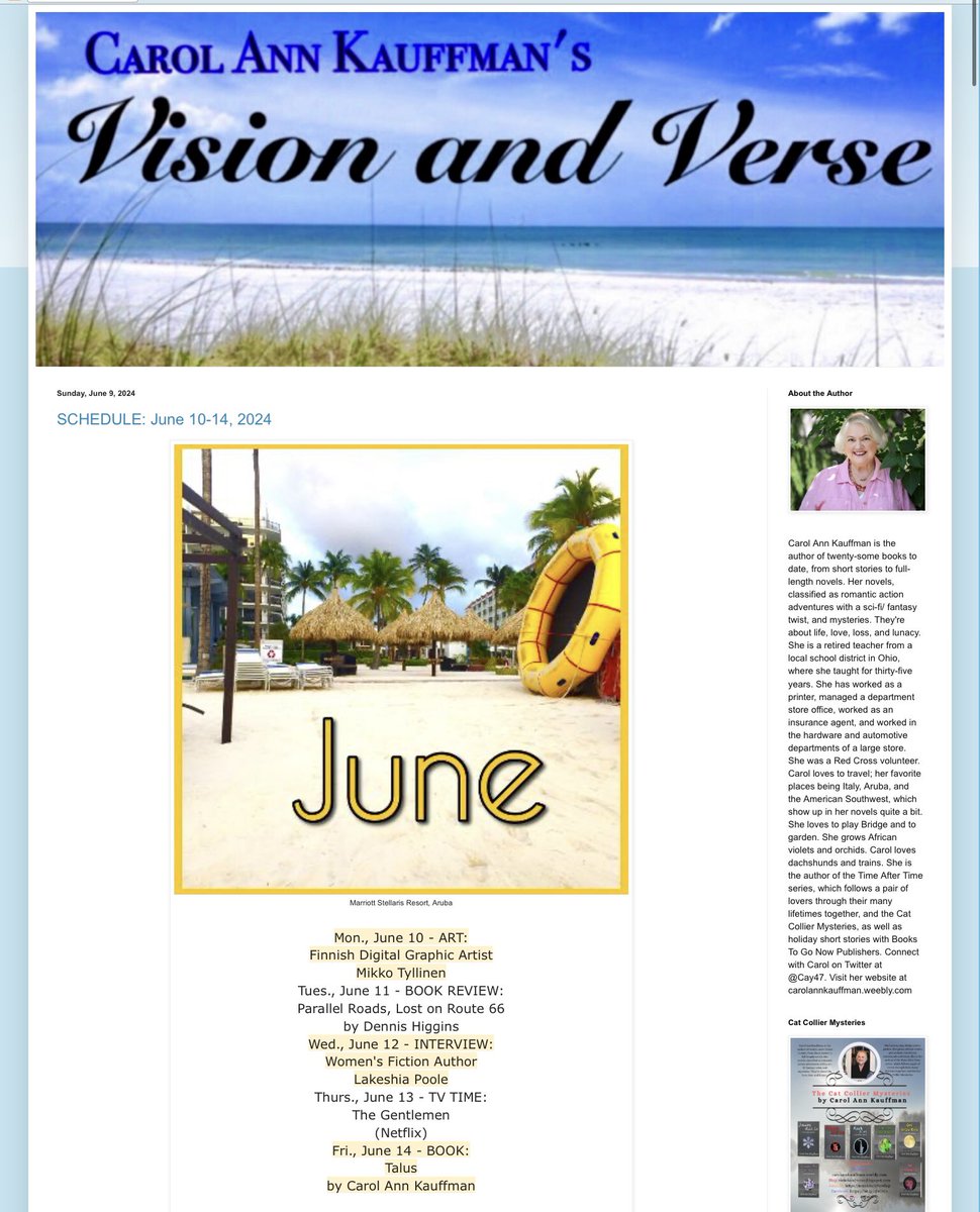 Carol Ann Kauffman (@cay47) on Twitter photo This week on Vision and Verse there’s an interview with the lovely fiction author Lakeisha Poole, my review of Dennis Higgins’ pageturner, Parallel Roads, Lost on Route 66, and a look at Talus, a tale of an unfortunate alien prince dumped on Earth.
visionandverse.blogspot.com This week on Vision and Verse there’s an interview with the lovely fiction author Lakeisha Poole, my review of Dennis Higgins’ pageturner, Parallel Roads, Lost on Route 66, and a look at Talus, a tale of an unfortunate alien prince dumped on Earth.
visionandverse.blogspot.com