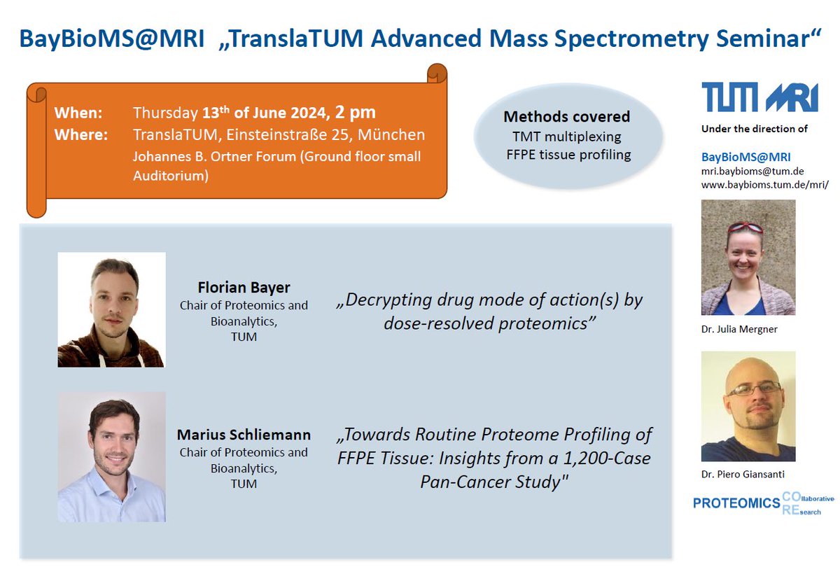 Bavarian Center for Biomolecular Mass Spectrometry (@baybioms) on Twitter photo ℹ️ On Thursday, June 13th, our #MassSpec clinical team of MRI-TranslaTUM is hosting the next ‘Advanced Mass Spectrometry Seminar’. Anyone close by Munich is welcome to attend and follow two wonderful talks from <a href="/kusterlab/">kusterlab (Inactive)</a> people.
#Proteomics #Bioinformatics #TeamMassSpec ℹ️ On Thursday, June 13th, our #MassSpec clinical team of MRI-TranslaTUM is hosting the next ‘Advanced Mass Spectrometry Seminar’. Anyone close by Munich is welcome to attend and follow two wonderful talks from <a href="/kusterlab/">kusterlab (Inactive)</a> people.
#Proteomics #Bioinformatics #TeamMassSpec