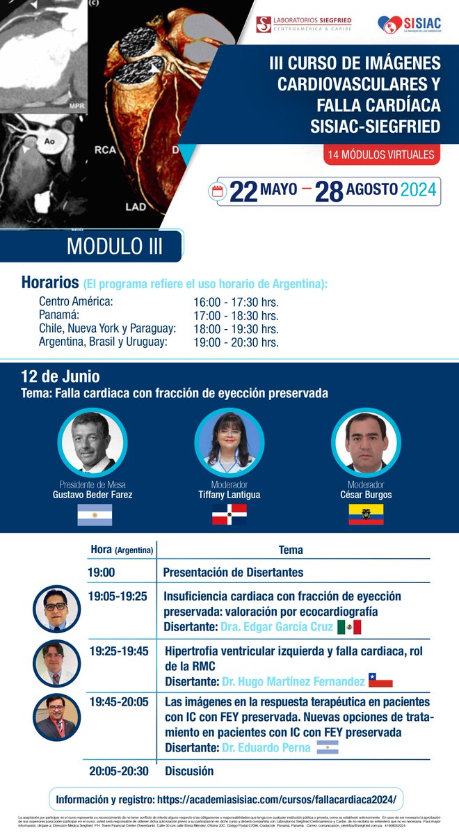 SISIACOficial's tweet photo. En unas horas comienza el Módulo 3 de nuestra 3era edición del Curso de Imágenes Cardiovasculares y Falla Cardíaca SISIAC-Siegfried 🤓📚

Aún no te inscribes? 👉https://t.co/HCe6uGTPpC https://t.co/tSXuluLWo0