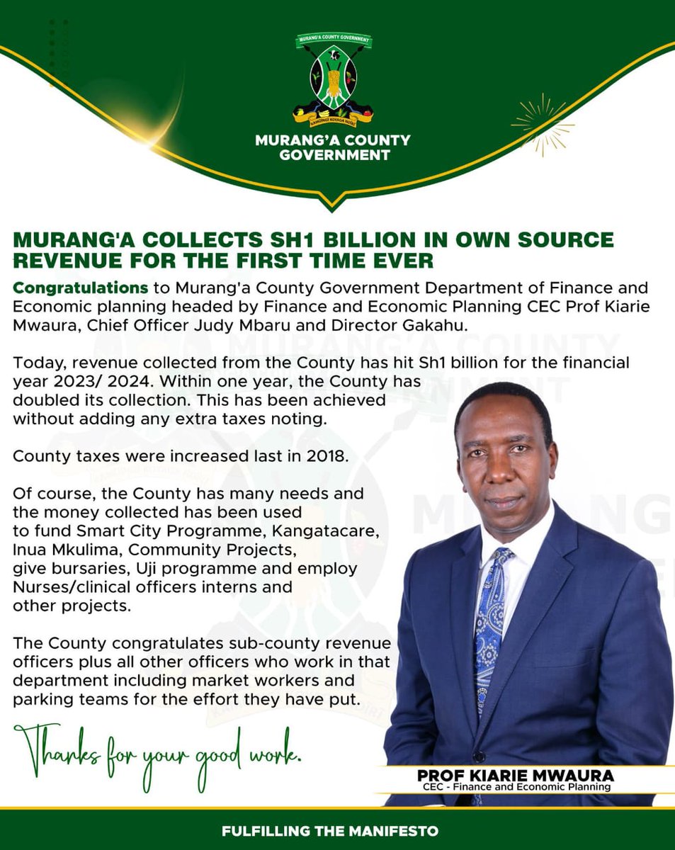 KenyaGovernors's tweet photo. COG congratulates the County Government of Murang'a under the leadership of H.E @HonKangata for collecting Ksh.1billion in Own Source Revenue. This is the first time the County has reached this ground breaking milestone. The money will go a long way in boosting service delivery. https://t.co/2OFcGmokTM