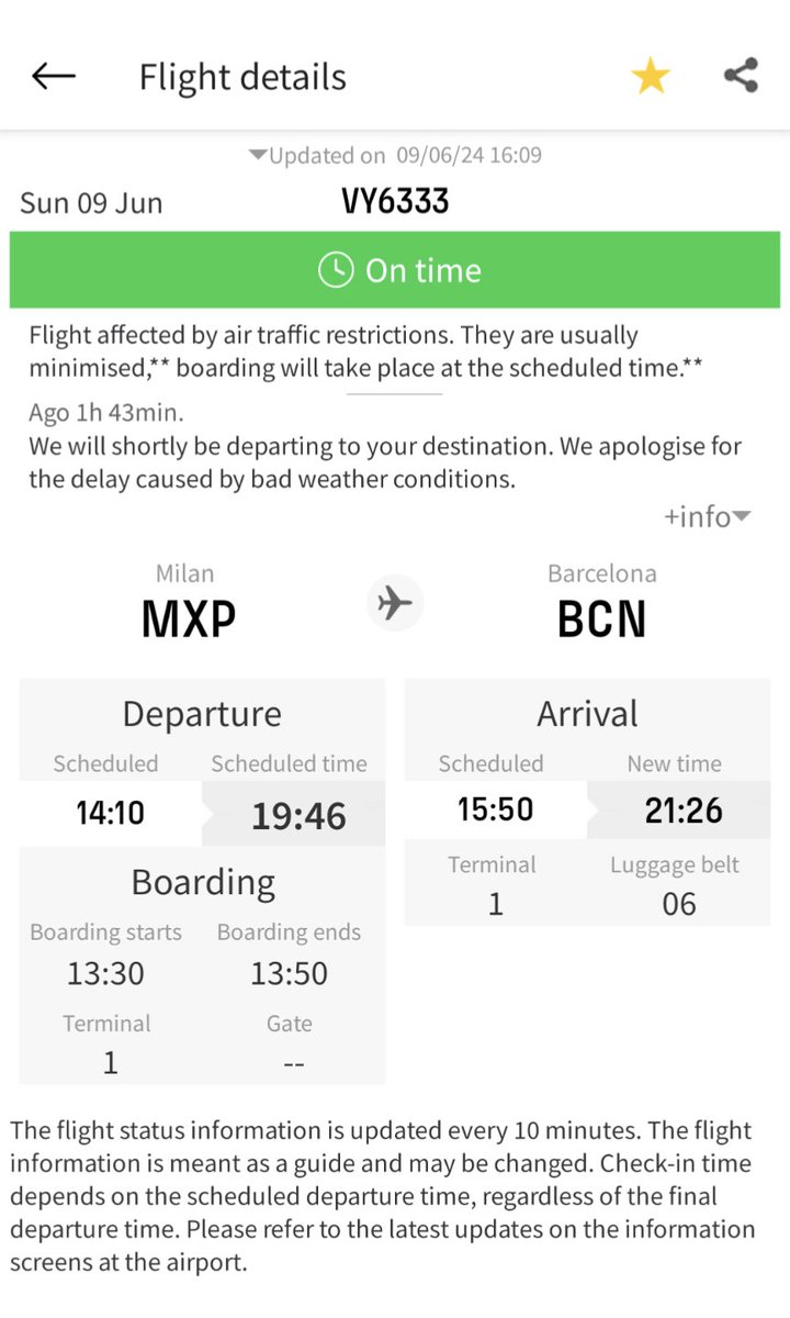 xhoms's tweet photo. @vueling Este es el ejemplo de justo ahora mismo. Dice salir a tiempo con un retraso evidente e información directamente falsa sobre el horario de embarque. https://t.co/THUqCBdsJb