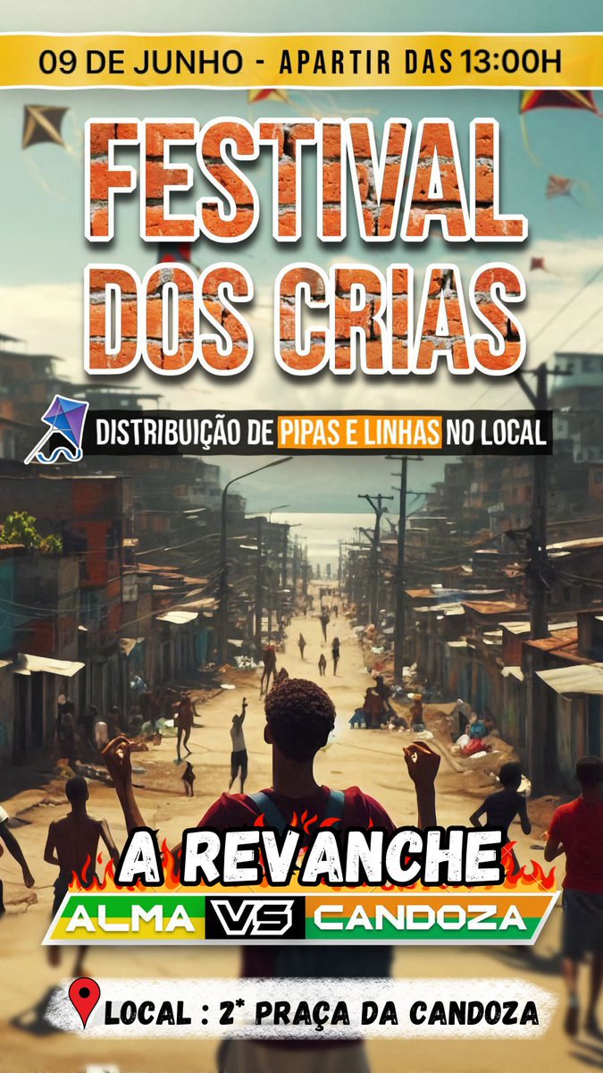 Oioi 👀
Passando pra avisar que hoje é tudo pela candoza  🥳🥳.
 Hoje dia 09/06, temos um encontro marcado aparti das 13hrs, na praça da candoza com distribuição de pipas, linhas pras crianças e muita diversão. Venha e traga sua família. Conto com a presença de todos vocês. 🥳🚀