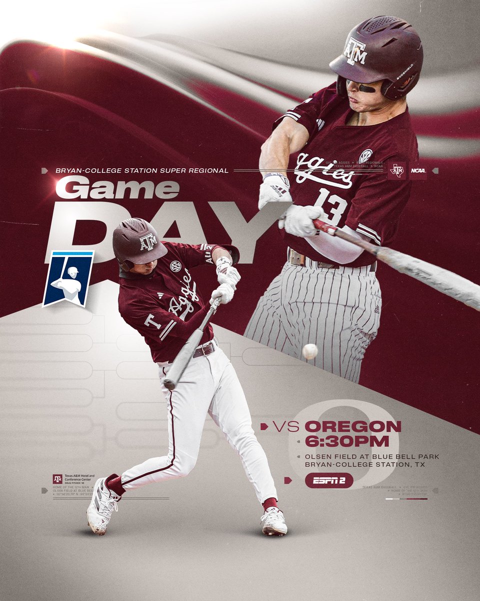 AggieBaseball's tweet photo. Let’s finish the job. 

vs Oregon • ESPN2
⌚️: 6:30 p.m.
⚾️: https://t.co/EPqtnaCRr3

#GigEm https://t.co/ZLHDFuRMy5