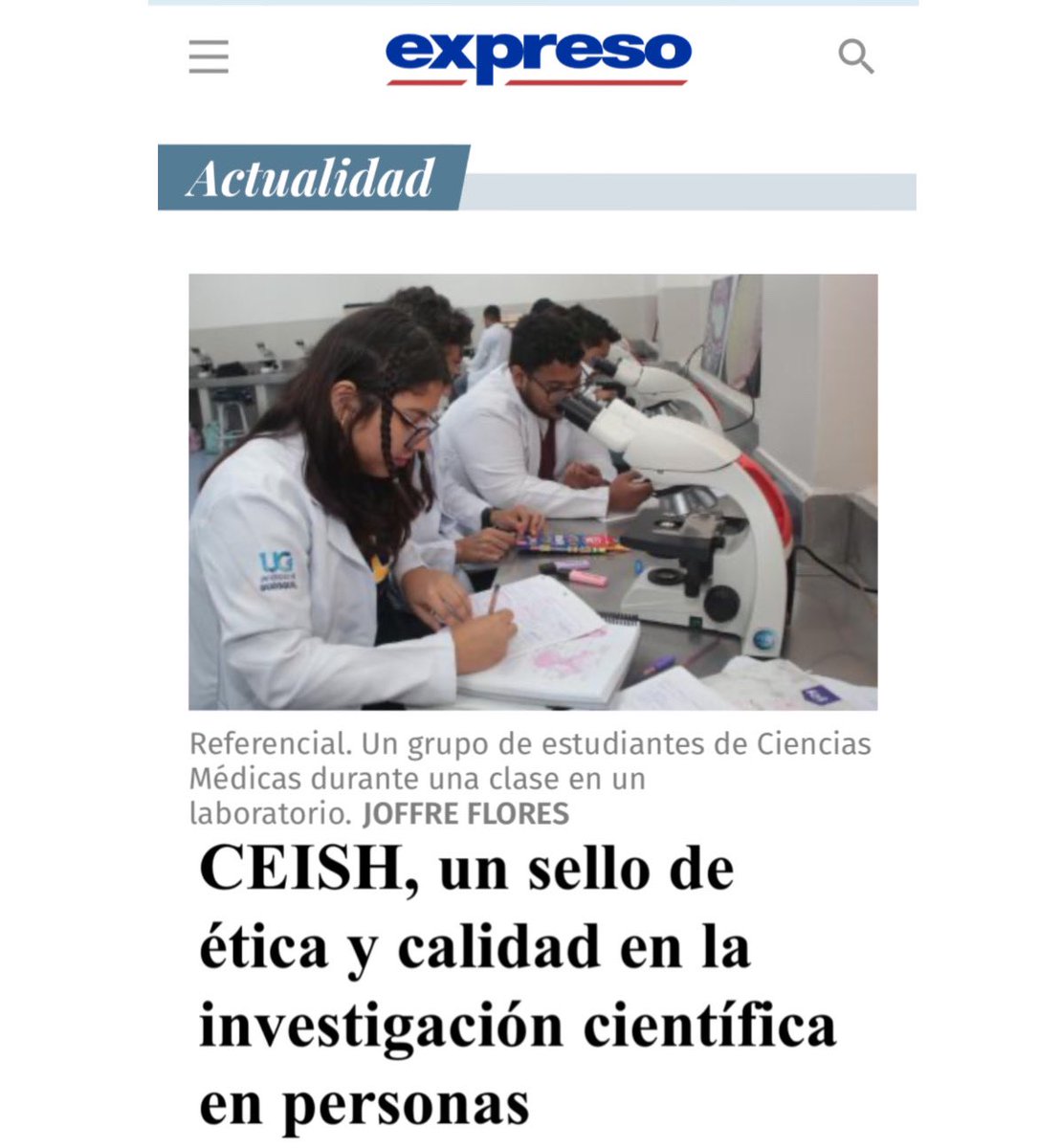PacoRector's tweet photo. Agradecemos a Diario Expreso por resaltar esta importante noticia y compartir nuestro logro con la comunidad, al recibir por parte del Ministerio de Salud Pública, el certificado de aprobación para el Comité de Ética de Investigación en Seres Humanos (𝐂𝐄𝐈𝐒𝐇).

Este reconocimiento refleja nuestro compromiso con la ética y calidad en la investigación. 

Paco Morán

#UniversidaddeGuayaquil 
#SeguimosMarcandoHistoria
#OrgulloUG