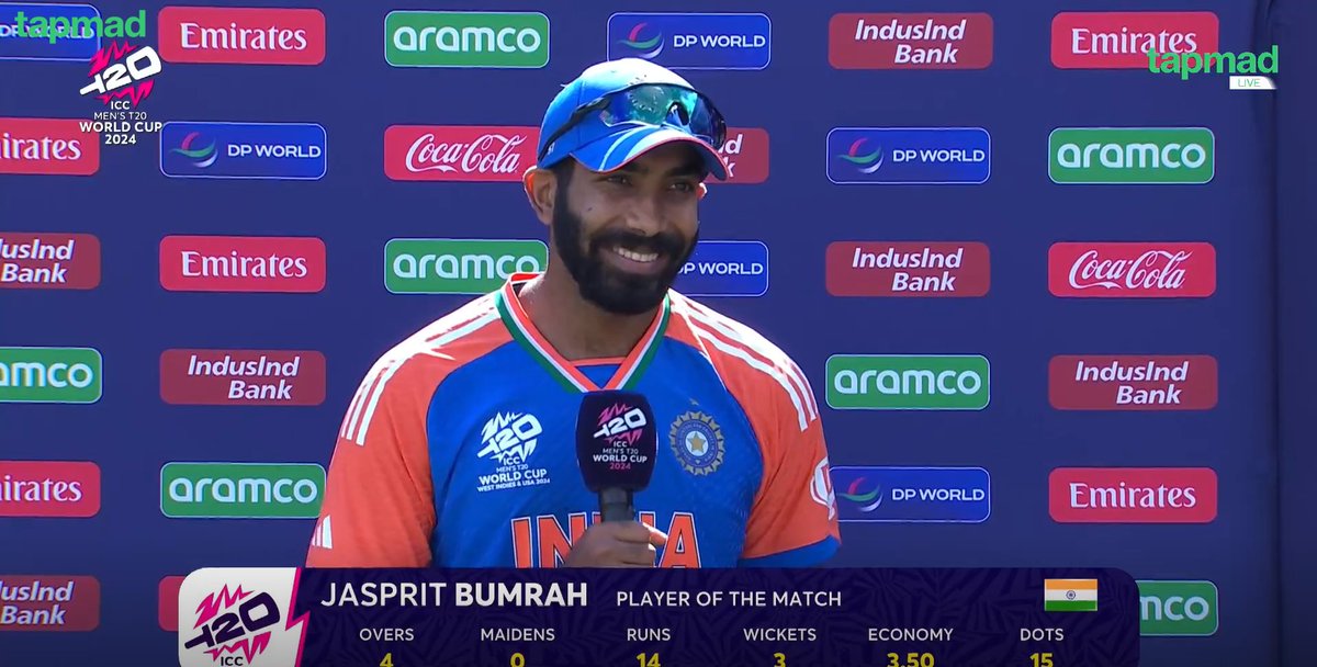 _FaridKhan's tweet photo. - 4 overs
- 14 runs
- 3 wickets
- 3.5 economy 
- 16 dots

World class bowler, Jasprit Bumrah 🔥🔥🔥

#tapmad #HojaoADFree #T20WorldCup #INDvsPAK https://t.co/g25JstREVM