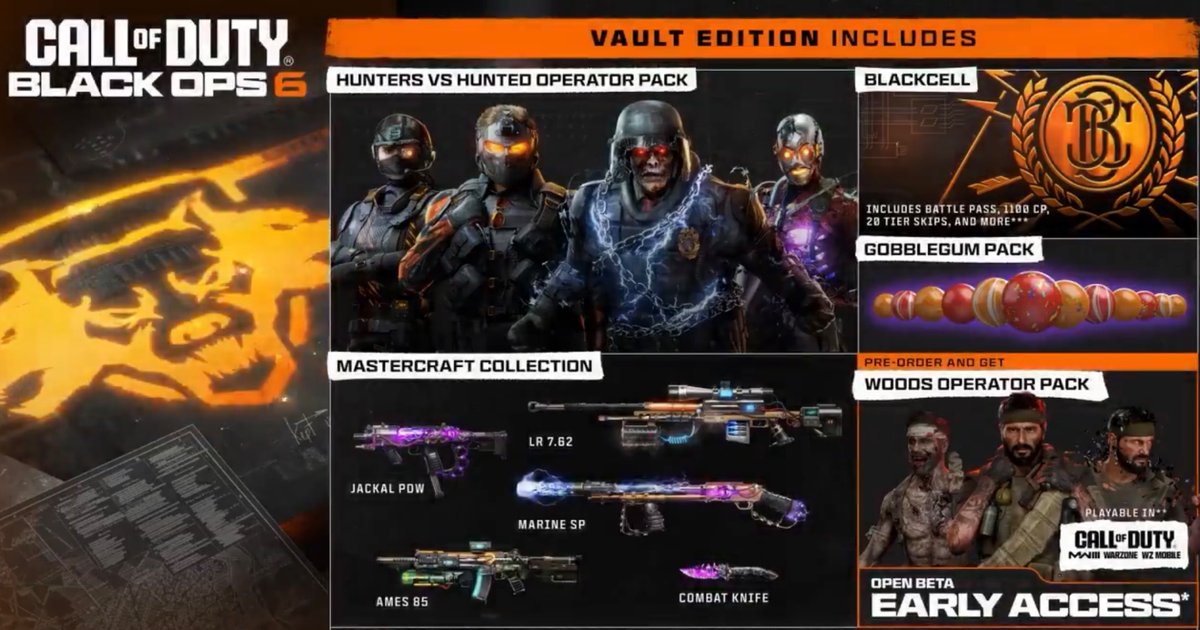 CoD_Countdown_'s tweet photo. Black Ops 6 Editions:
- Standard ($70):
Woods operator pack
Early beta access

- Vault ($100):
Woods &amp; Hunter vs Hunted operator packs
Early beta access 
Blackcell 
Mastercraft collection 
Gobblegum pack https://t.co/nwnXtSHv8z