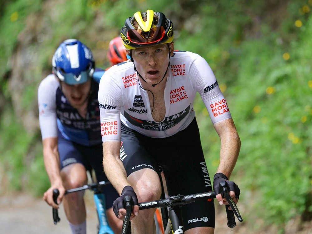OttawaCitizen's tweet photo. Canadian rider Derek Gee celebrates podium finish in Criterium du Dauphine https://t.co/LUOG0S4ebd https://t.co/iKSBZ92GpD