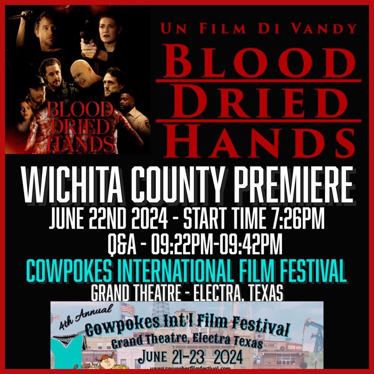 VandyDirector's tweet photo. We are two weeks out from the Wichita County premiere of our feature film BLOOD DRIED HANDS on Saturday June 22nd 2024 at 07:26pm. get your tickets now at https://t.co/gdvk0DDIxe #filmfestival  #blooddriedhands #horror #thriller #drama #serialkiller @cowpokesff #wichitafalls https://t.co/TXvP6uaAtu