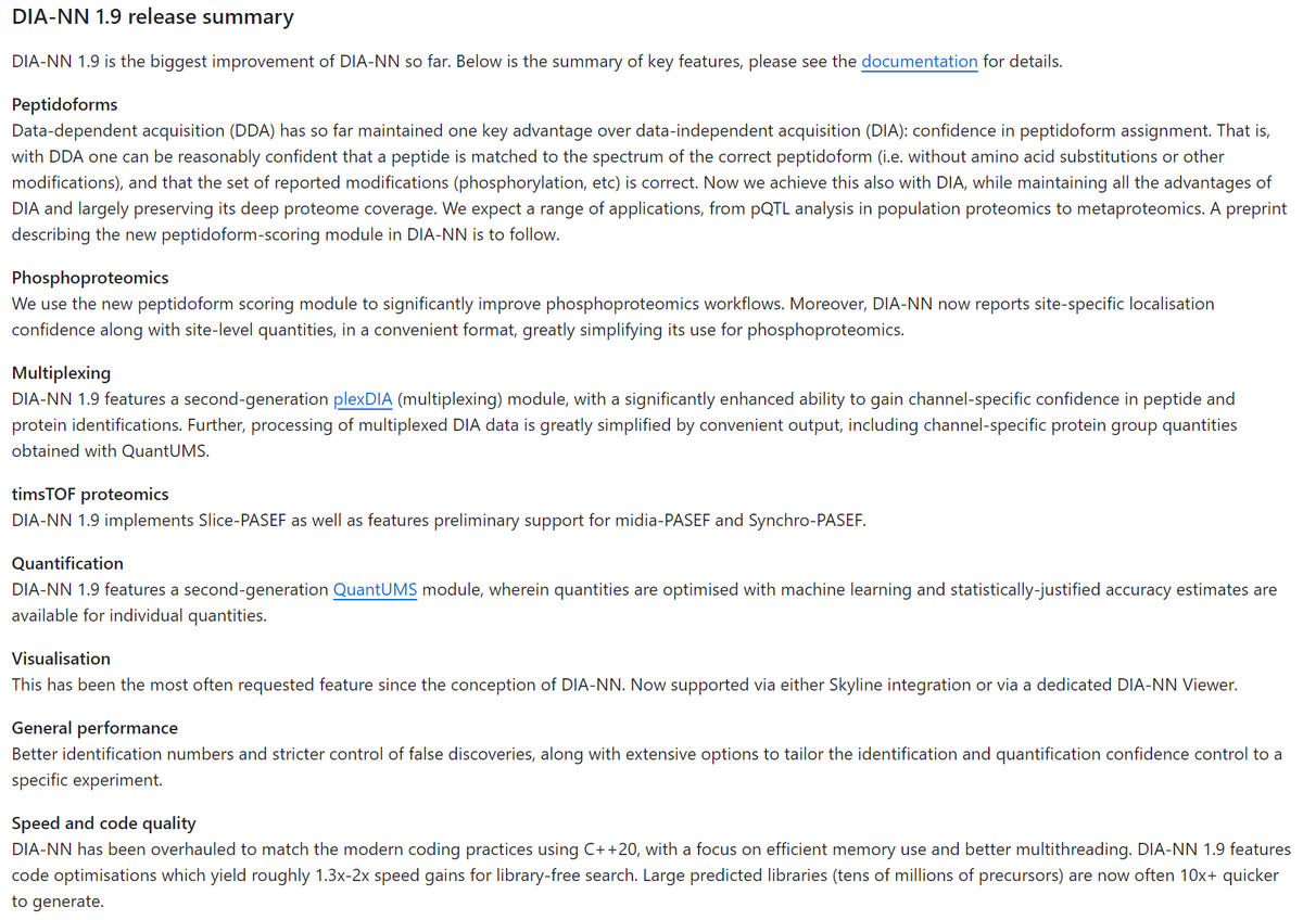 Excited to announce DIA-NN version 1.9, our software suite for proteomics data processing! 
A range of cool new features and general performance improvements. We consider it the most significant update in the history of DIA-NN.
github.com/vdemichev/DiaN…