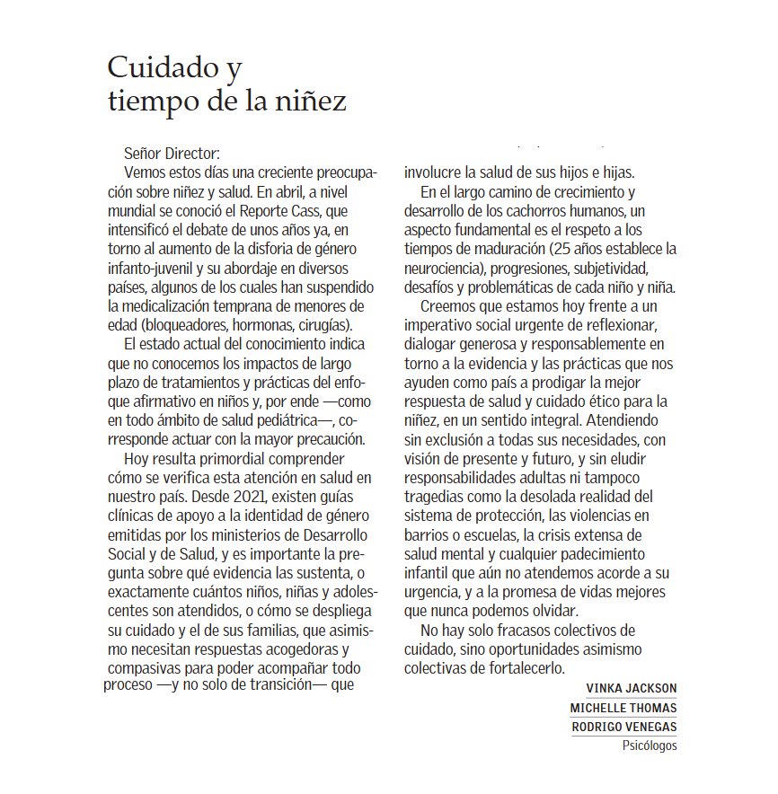 ciencias, evidencia, diálogo, deliberaciones desde el cuidado, concurrir el mundo adulto con responsabilidad y sensibilidad ("ojos de niños") a los tiempos, necesidades y urgencias de la niñez. Compartimos esta carta: