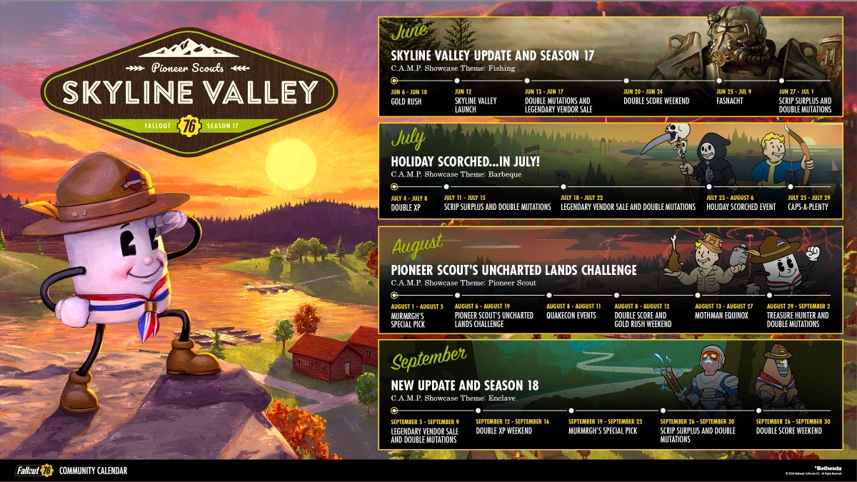 Fallout's tweet photo. Here are all the details on the next few months of in-game events and C.A.M.P. Showcase themes for #Fallout76! https://t.co/hrjiWTDYPY