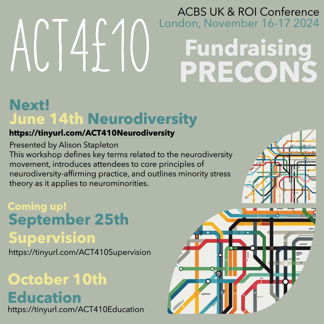 Mark Oliver (@markoliver1968) on Twitter photo This Friday - the latest ACT4£10 event. Yes, only £10!!
Join Alison Stapleton <a href="/ACTually_Alyson/">Dr Alison Stapleton</a> for a 3hr online workshop (1-4pm UK time) on Neurodiversity.
This is a fundraising event for the UK&ROI Chapter conference in London in November.
tinyurl.com/ACT410Neurodiv… This Friday - the latest ACT4£10 event. Yes, only £10!!
Join Alison Stapleton <a href="/ACTually_Alyson/">Dr Alison Stapleton</a> for a 3hr online workshop (1-4pm UK time) on Neurodiversity.
This is a fundraising event for the UK&ROI Chapter conference in London in November.
tinyurl.com/ACT410Neurodiv…