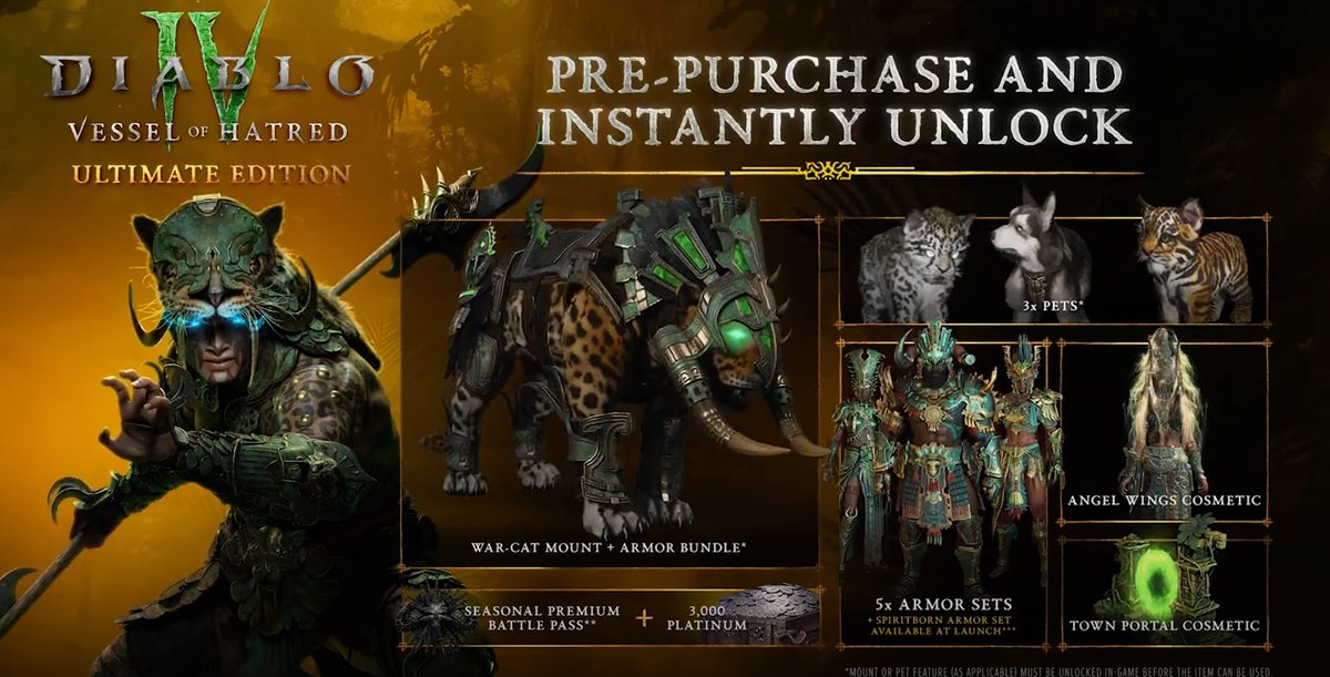 Preorder now ! New Class, New Region,More Campaign, More Evil, Mercenaries, New PvE Co-Op End Game Activity! And new Pets to aid in gold and material pickup today! Plus, experience more updates coming to all players when Vessel of Hatred releases.
#DiabloPartner  #DiabloIV