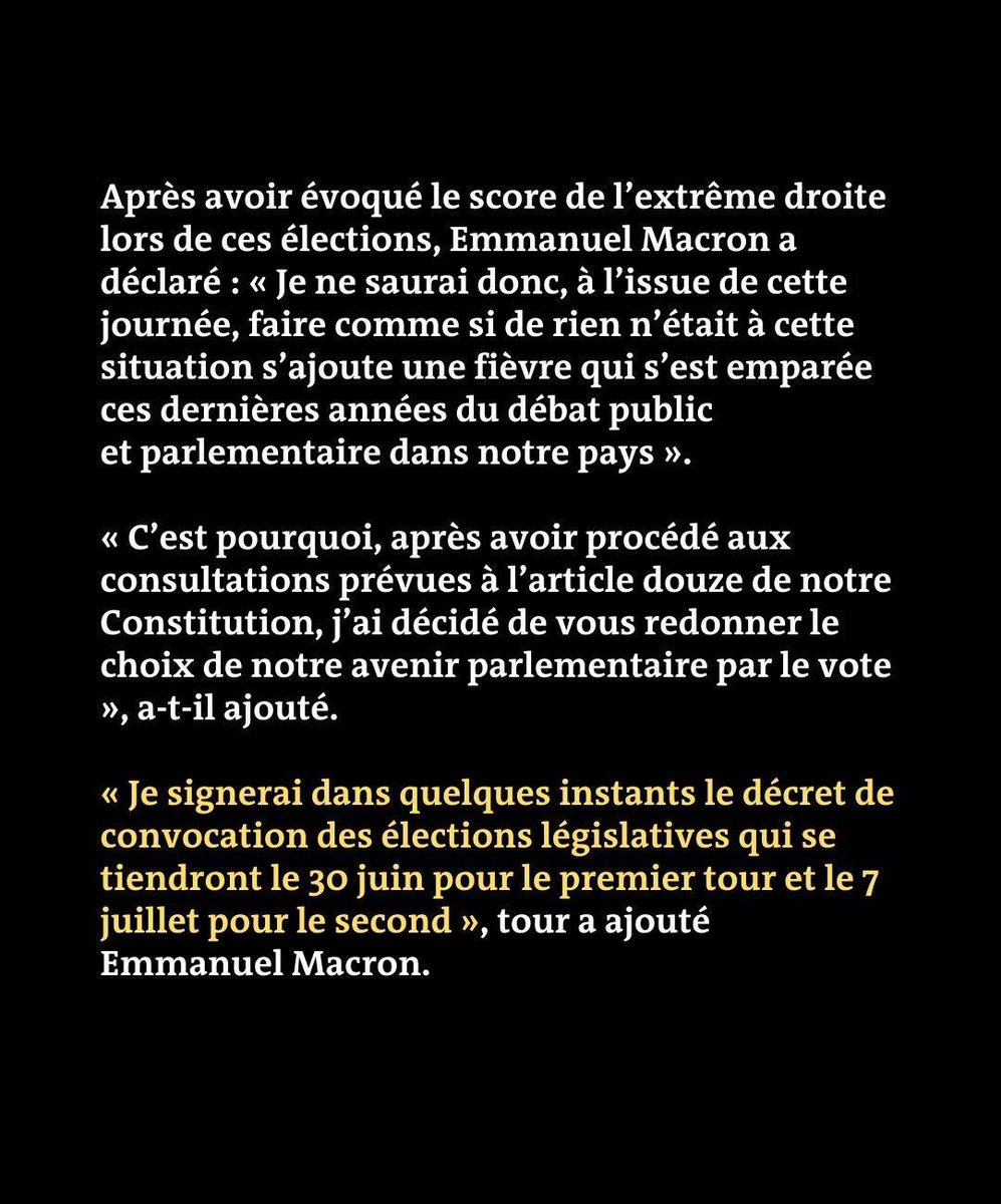 Emmanuel Macron annonce la dissolution de l’Assemblée nationale, et convoque des élections législatives le 30 juin et 7 juillet

lemde.fr/3RkQ6tl