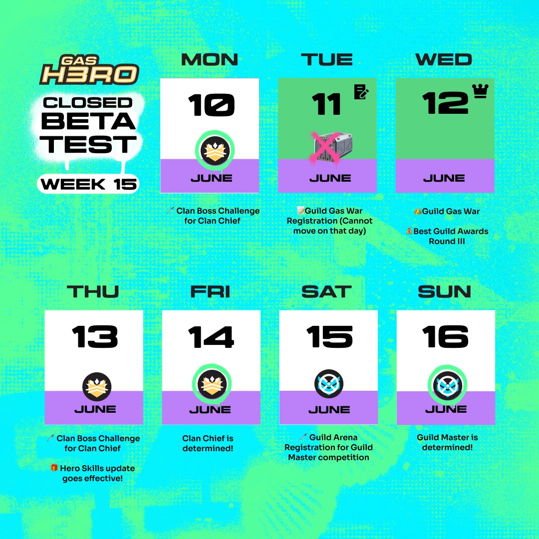 2184Official's tweet photo. Gas Hero Weekly Calendar 🥰

We have an epic #GasHero week lined up for you all, including big events and updates! 🔥

⚔️ Guild Gas War
🦾 Clan Boss Fights
👑 Guild Master Election
🌟 Best Guilds Award Round III
🦸‍♀️ Hero Skills Update Goes Live

Play now ⤵️
https://t.co/X5brPDddiY https://t.co/vuUqY6QesL