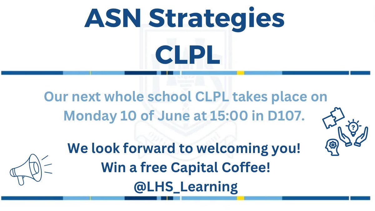 📣 ASN strategies CLPL led by <a href="/MrsF_LHS/">Mrs Ferguson</a> 📣
Tomorrow is our final CLPL for this term and we will be focusing on ASN strategies 🎓📝! Great opportunity to remind ourselves of key learning and teaching approaches.  <a href="/LarbertHigh/">Larbert High School</a> 
Where: D107.
When: Monday 15:00-15:45.