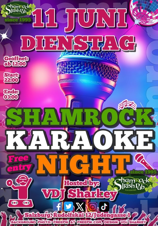 📢Shamrock ☘ Karaoke🎤 Night in Salzburg, Austria 🇦🇹- free📏10PM-03AM🎤 tiktok.com/@vdjsharkey
facebook.com/events/9286483…
t.me/VDJSharkeyKara…
#karaokenight #vdjsharkey #pub #singing #karaoke #June #Juni #salzburg #salzburgnight #salzburgnightlife #salzburgevent #karaokeparty