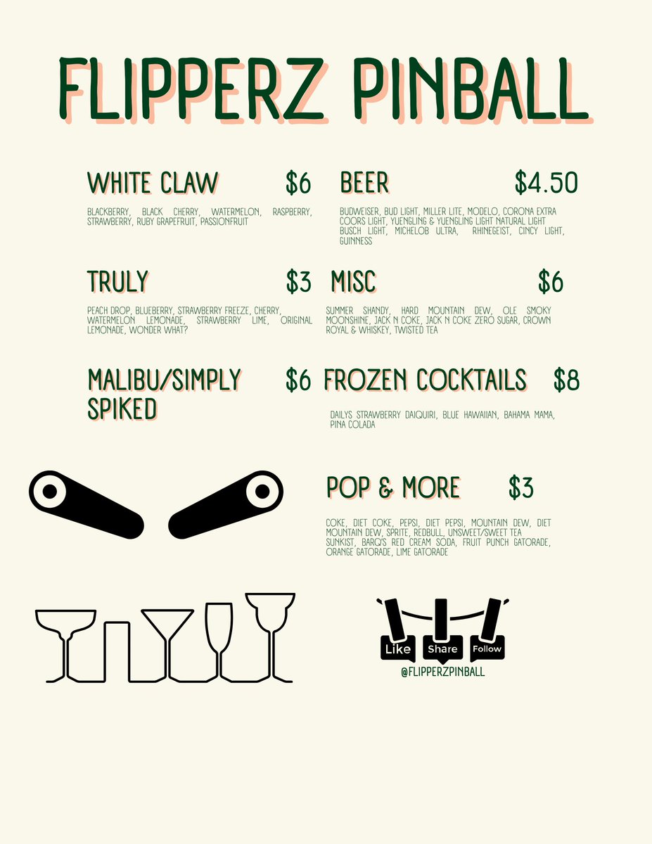 Flipperz Pinball Drink Menu!! 
-Voted best iced cold drinks in town-