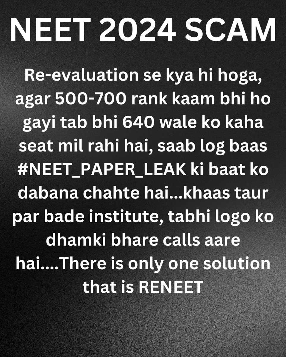 Salafi55's tweet photo. #Neet_Scam_2024
We only want RE-NEET not RE-RESULT.
#RENEET #ReNeetForAll #Neet_Scam_2024
#NEET_पेपर_रद्द_करो
#NTA_nikamma_HAI
#NEET_परीक्षा_परिणाम https://t.co/dgTFqkoLTh