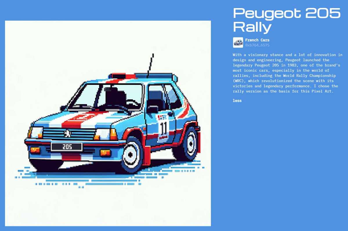 ImOphiuchus85's tweet photo. Inspired by the theme of day 305 on @basepaint_xyz, I created this Pixel Art version of the classic and iconic Peugeot 205 Rally. It's free to collect.

Link in the comments:

#pixelart #cars #nft #nftarti̇st #frenchcars #peugeot https://t.co/FJuWbbbJN0