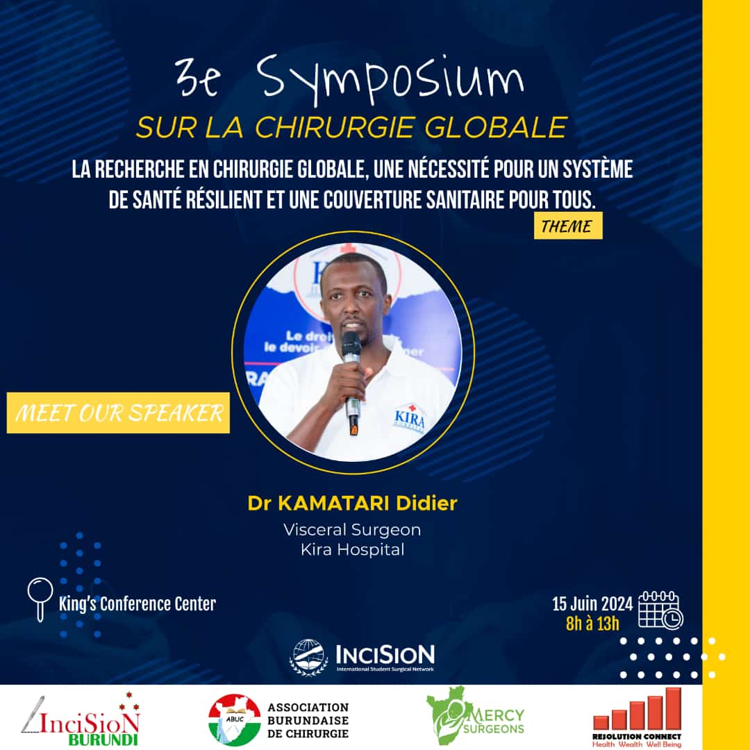 Meet our speakers!

Dr <a href="/DidierKamatari/">Didier Kamatari</a> , pediatric and general surgeon.

We can't wait to have you with us on our 3rd Symposium on Global Surgery.

#GSD2024 #PandemicAccord #InciSioN4GlobalSurgery
#GlobalSurgeryDay