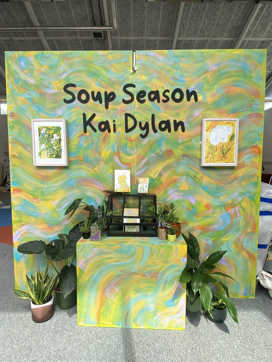 kaidyIan's tweet photo. for my final major project at university, i wrote, illustrated and riso-printed a 56 page comic: Soup Season, a comic about feeling lost, buying plants and making soup &amp; here is my presentation of it at my degree show! https://t.co/vdhG5NQ67M